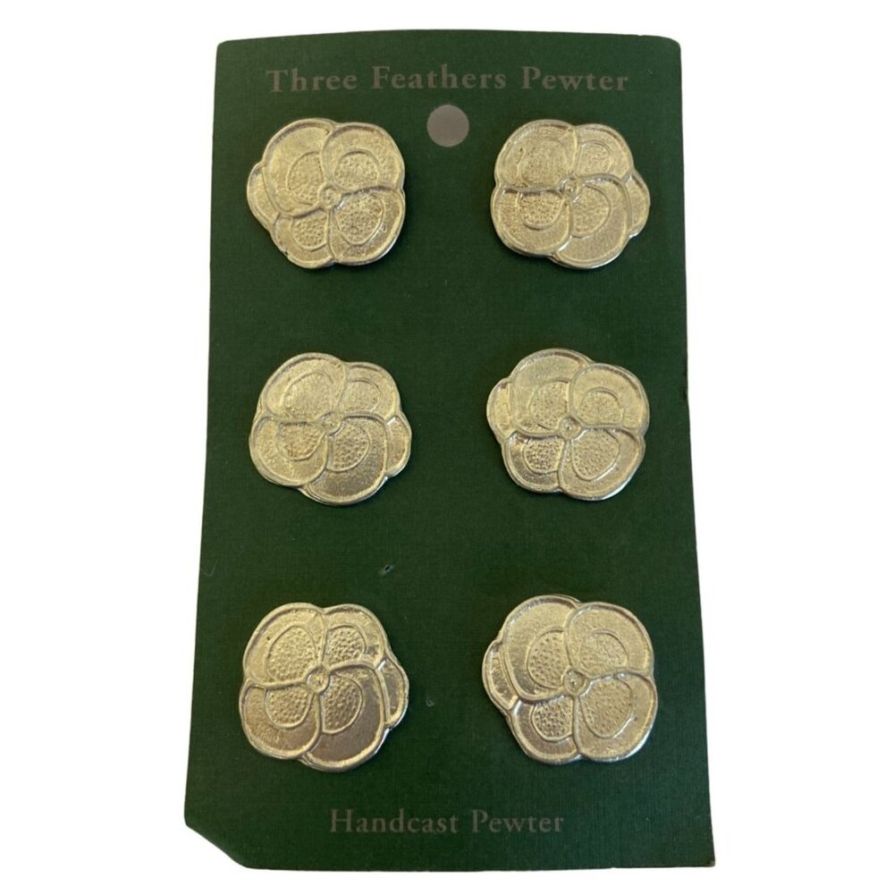 VTG Set of 6 Three Feathers Handcast Fine Pewter Buttons Flower Reenactment